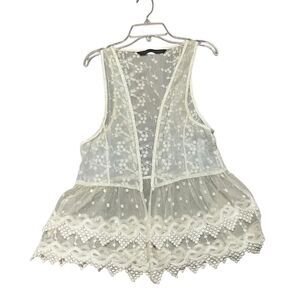 ZARA BASIC Women’s Floral Sheer Lace Cardigan Sleeveless Off White Cream Size  M